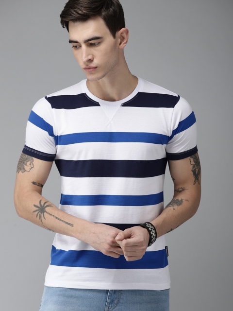 

Roadster Men White & Blue Striped Round Neck T-shirt