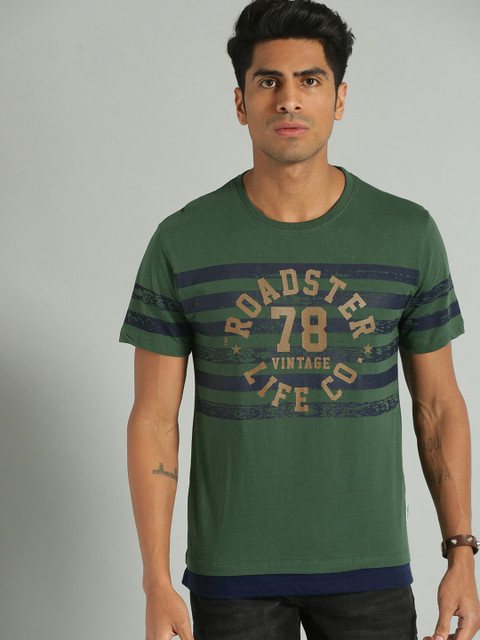 

Roadster Men Green & Navy Blue Striped Round Neck T-shirt