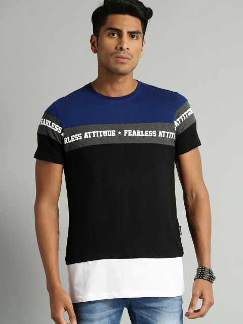 

Roadster Men Black & Navy Blue Colourblocked Round Neck T-shirt
