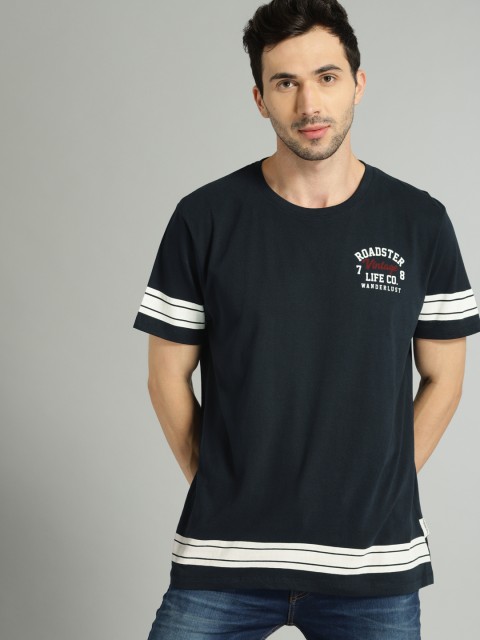 

Roadster Men Navy Blue & Off-White Striped Round Neck T-shirt