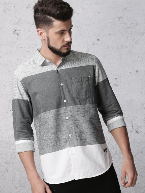

Ecko Unltd Men Grey & White Slim Fit Striped Casual Shirt