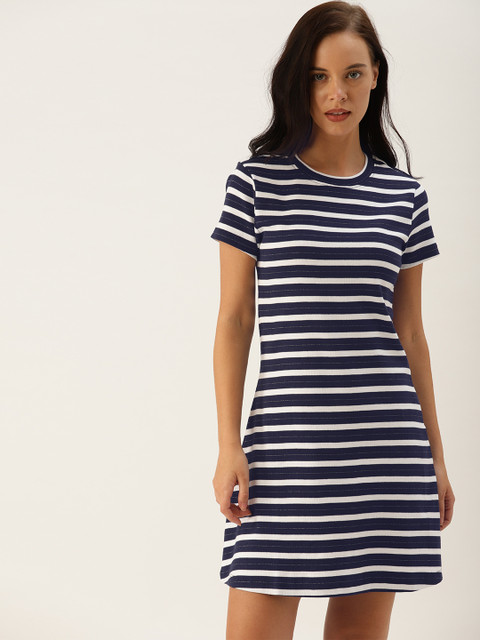 

United Colors of Benetton Women Navy Blue & White Striped T-shirt Dress