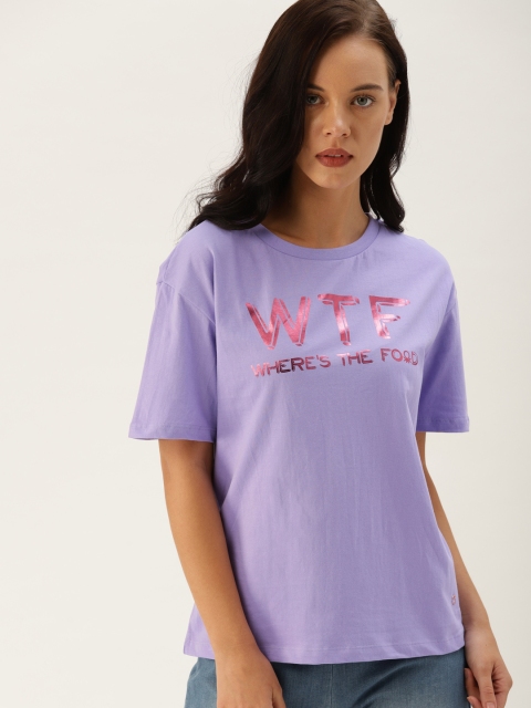 

United Colors of Benetton Women Lavender Printed Round Neck T-shirt