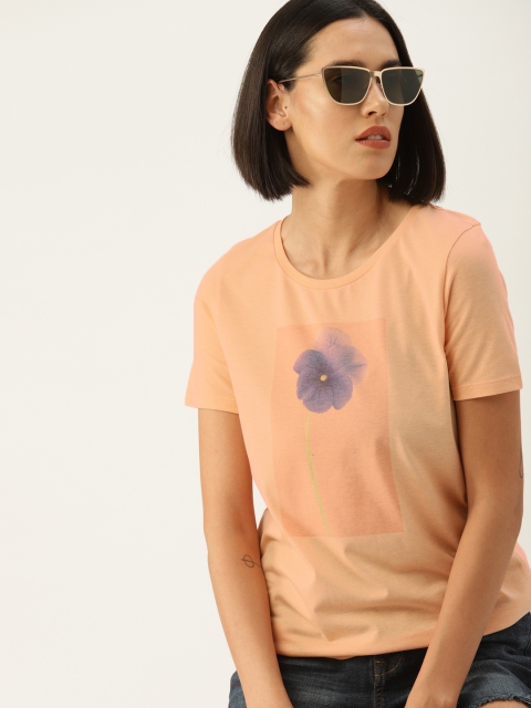 

United Colors of Benetton Women Peach-Coloured Printed Round Neck T-shirt