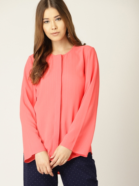 

United Colors of Benetton Women Coral Pink Self-Striped Shirt Style Top