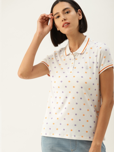United Colors of Benetton Women White Printed Polo T-shirt