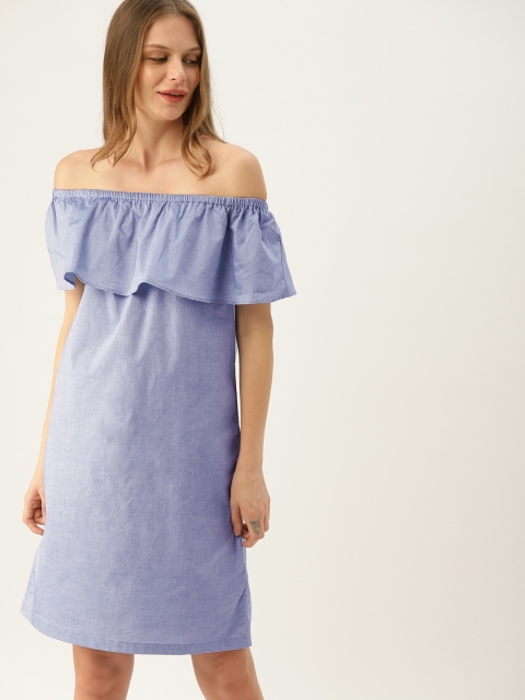 

United Colors of Benetton Women Blue Solid A-Line Off-Shoulder Dress