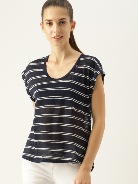 

United Colors of Benetton Women Navy Blue & White Striped Linen Top
