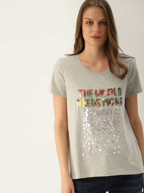

United Colors of Benetton Women Grey Melange Self-Design T-shirt