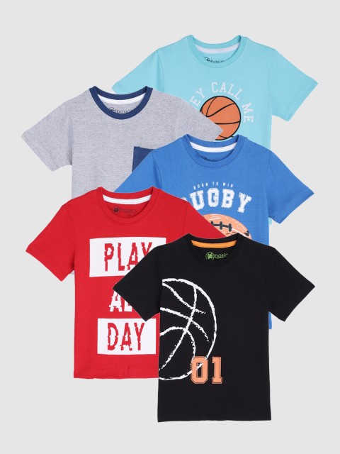

YK Basics Boys Pack of 5 Printed Pure Cotton T-shirts, Black