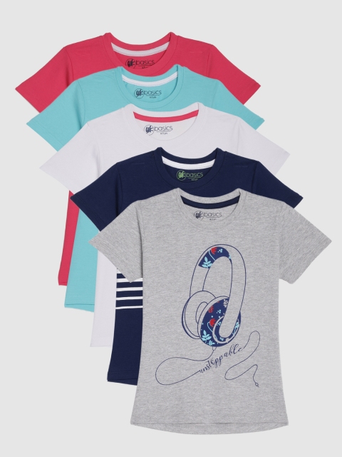 

YK Basics Girls Pack Of 5 Printed Round Neck T-shirts, Grey