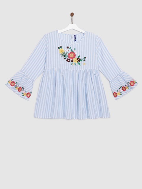 

YK Girls Blue & White Embroidered Striped A-Line Top