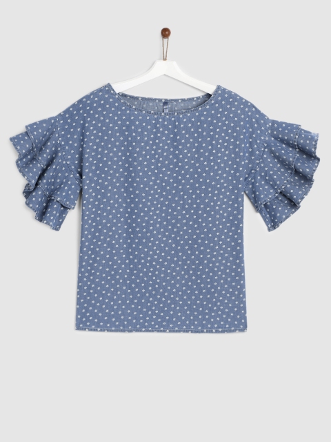 

YK Girls Blue & White Printed Denim Top