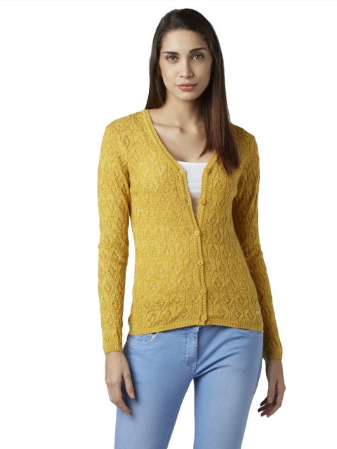 

Park Avenue Women Mustard Yellow Self Design Cardigan