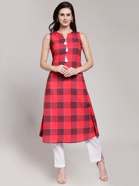 

plusS Women Red Checked Straight Kurta