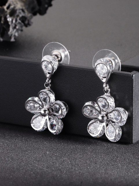

Carlton London Silver-Toned Rhodium-Plated CZ-Studded Floral Drop Earrings