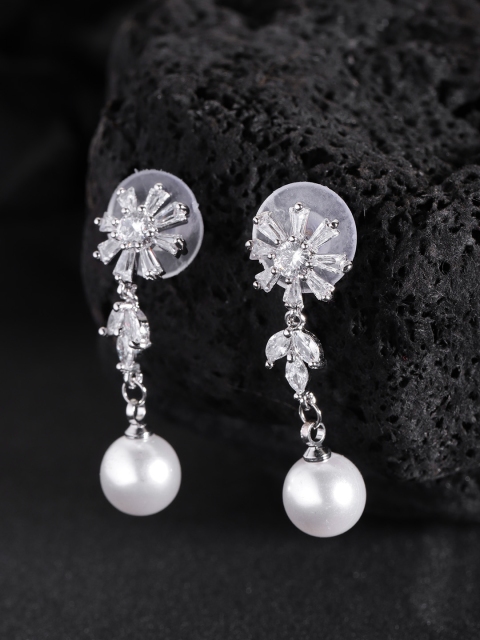 

Carlton London Silver-Toned Rhodium-Plated CZ-Studded Floral Drop Earrings