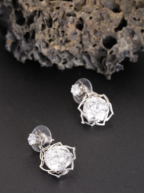

Carlton London Silver-Toned Rhodium-Plated CZ-Studded Floral Drop Earrings