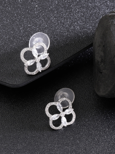 

Carlton London Silver-Toned Rhodium-Plated CZ-Studded Floral Studs