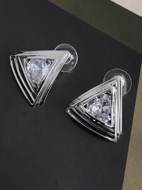 

Carlton London Silver-Toned CZ Studded Triangular Drop Earrings