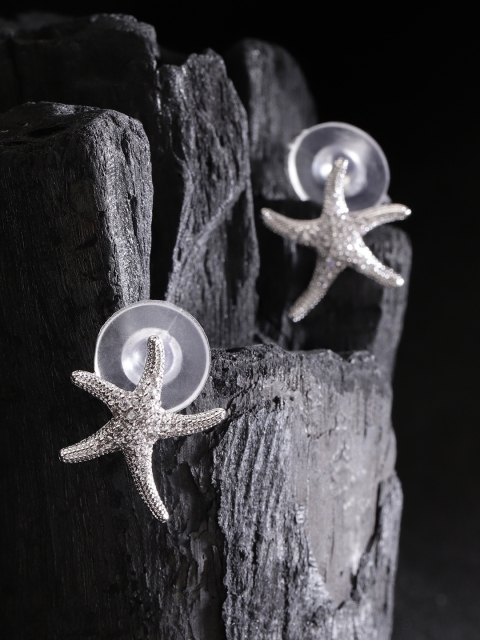 

Carlton London Silver-Toned CZ Stone-Studded Rhodium-Plated Quirky Studs