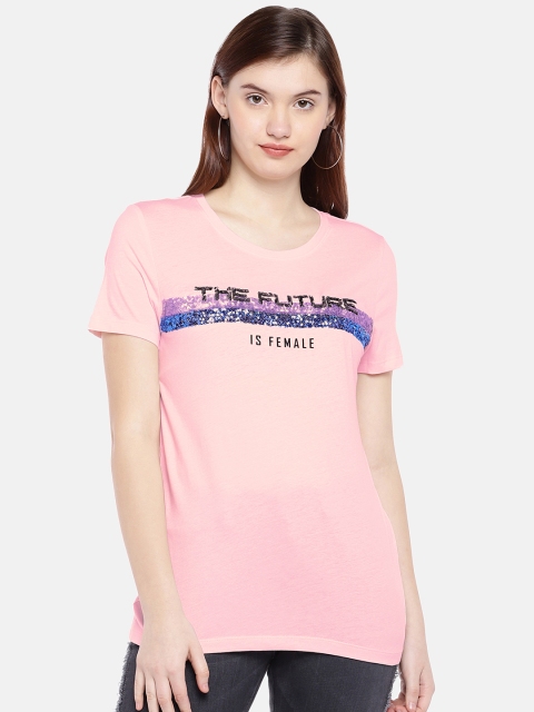 

ONLY Women Pink Self-Design Round Neck T-shirt