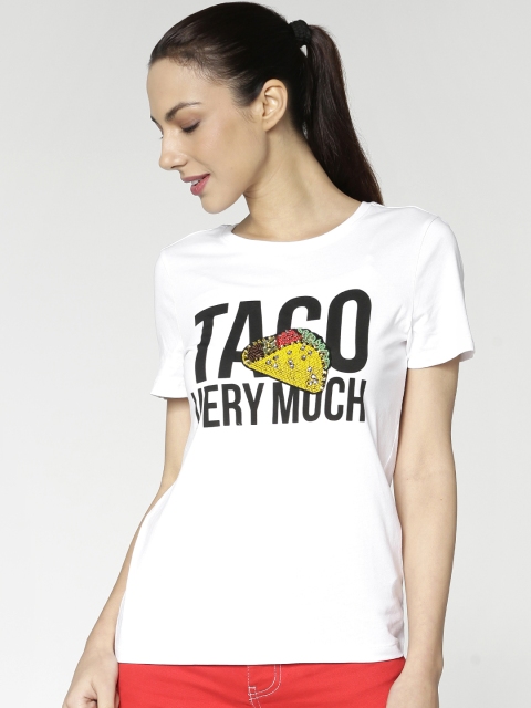 

ONLY Women White Printed Round Neck T-shirt