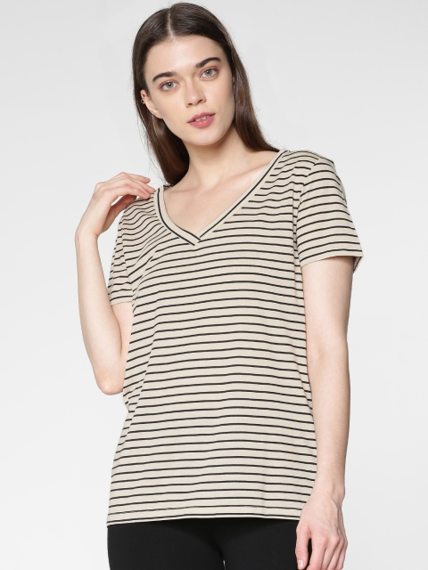 

ONLY Women Beige & Black Striped V-Neck T-shirt