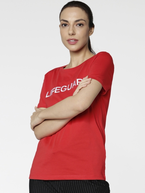 

ONLY Women Red Self-Design Round Neck T-shirt