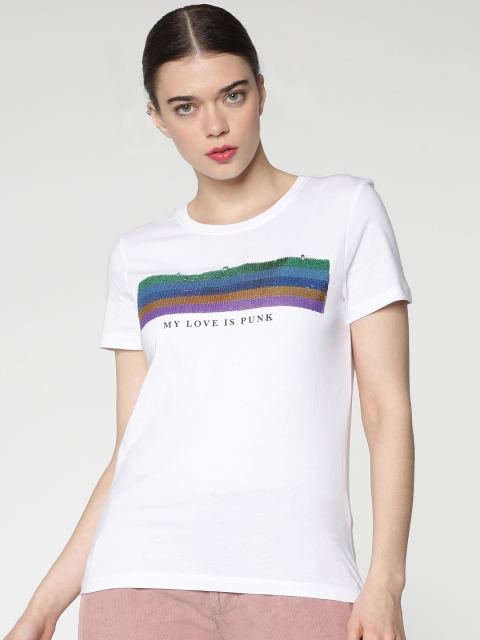 

ONLY Women White Self Design Round Neck Pure Cotton T-shirt