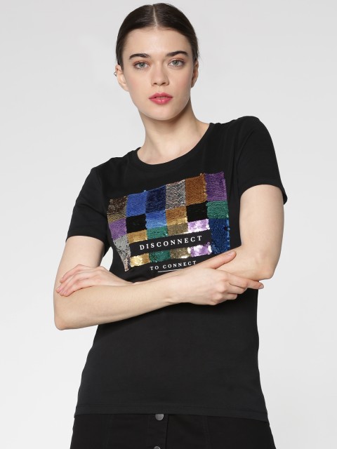 

ONLY Women Black Sequinned Round Neck T-shirt