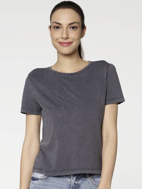 

ONLY Women Charcoal Grey Solid Round Neck Pure Cotton T-shirt