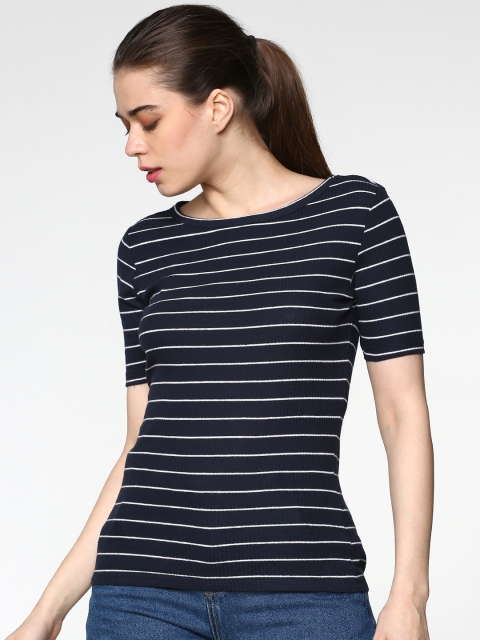 

ONLY Women Navy Blue & White Striped Round Neck T-shirt