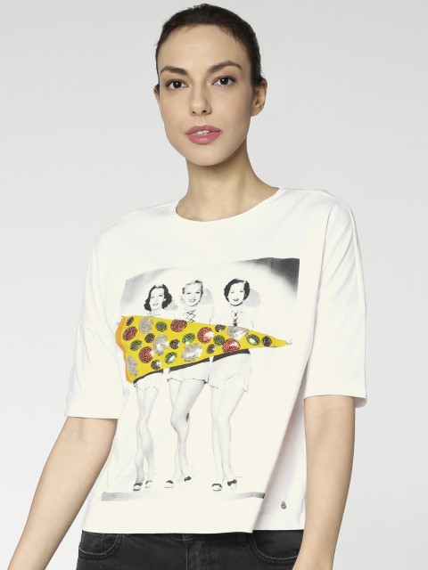 

ONLY Women White Printed Round Neck Pure Cotton T-shirt