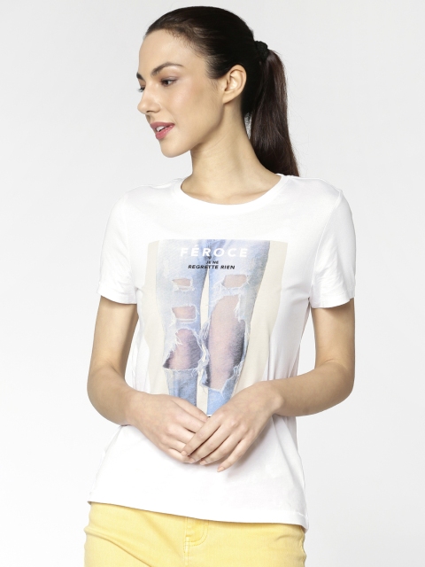 

ONLY Women White Printed Round Neck T-shirt