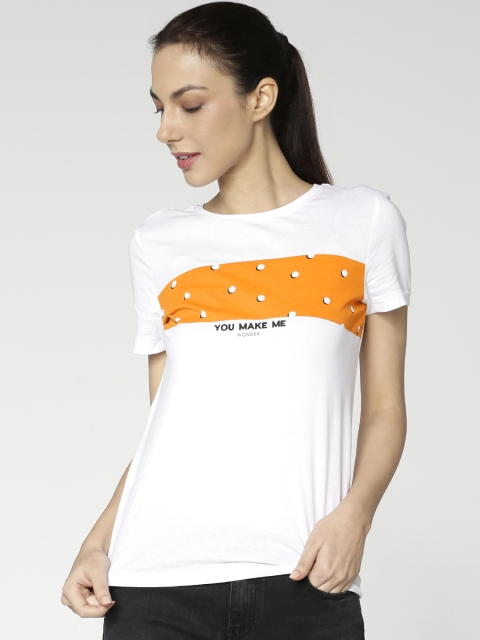 

ONLY Women White & Orange Printed Round Neck T-shirt