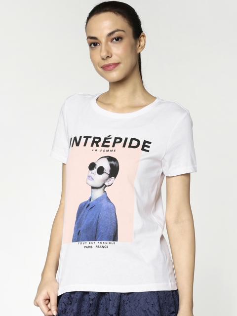 

ONLY Women White Printed Round Neck T-shirt