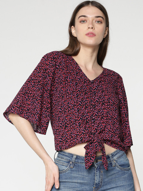 

ONLY Women Navy & Red Printed Shirt Style Waist Tie-Up Crop Top, Navy blue