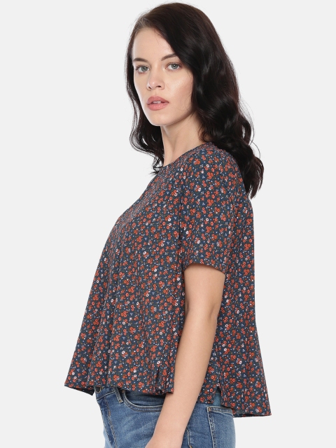 

ONLY Women Navy Blue & Orange Printed A-Line Top