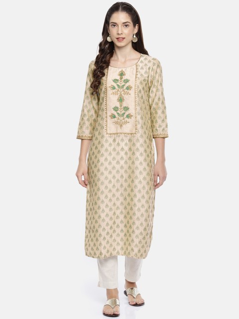 

Melange by Lifestyle Women Beige & Teal Green Embroidered Straight Kurta