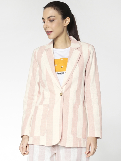 

ONLY Women Pink & Cream-Coloured Striped Regular Fit Casual Blazer