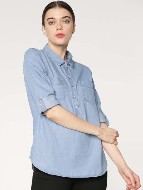 

ONLY Women Blue Regular Fit Solid Chambray Casual Shirt
