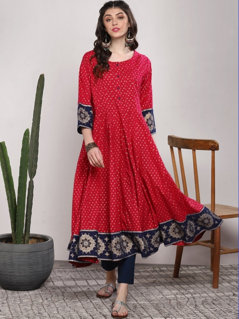 

Sangria Women Pink & Navy Blue Printed Anarkali Kurta