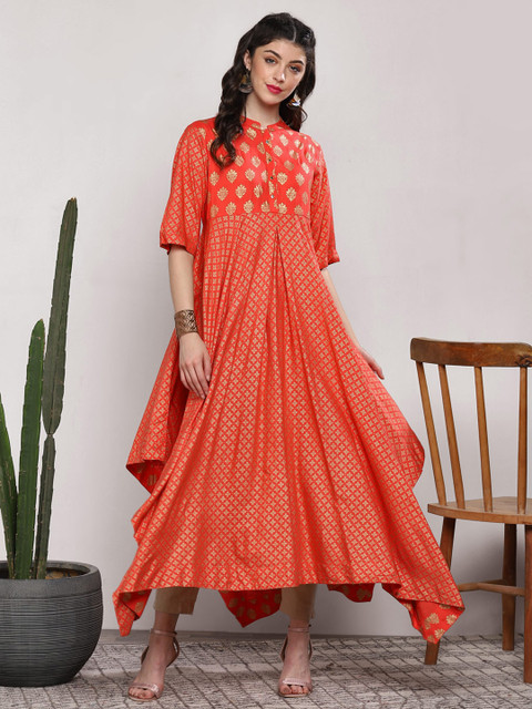 

Sangria Women Coral Orange Printed A-Line Asymmetric Kurta