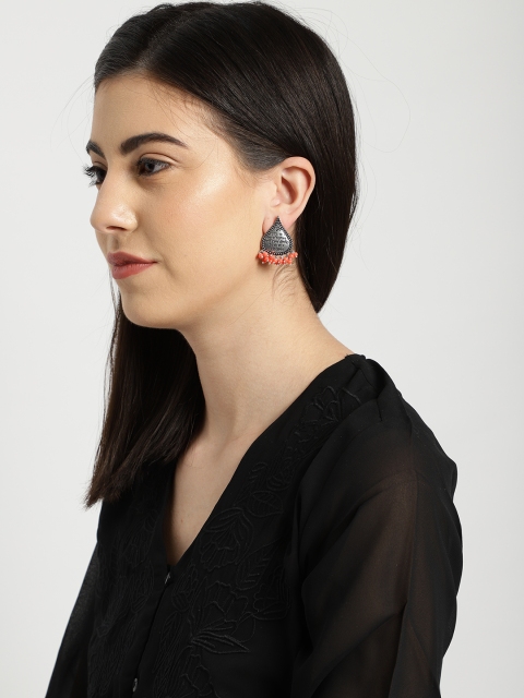 

Ayesha Silver-Toned & Orange Antique Teardrop Shaped Drop Earrings
