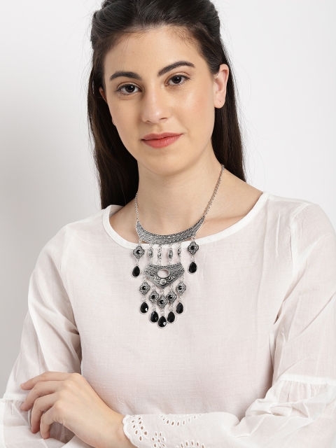 

Ayesha Silver-Toned & Black Oxidised Rhinestone Studded Necklace