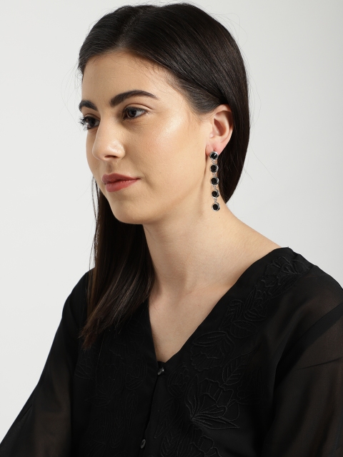 

Ayesha Silver-Toned & Black Circular Drop Earrings