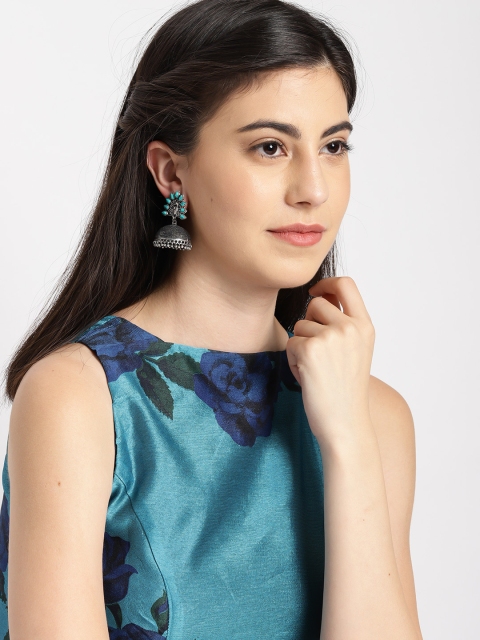 

Ayesha Silver-Toned & Green Oxidised Dome Shaped Jhumkas