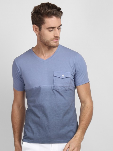 

LA LOFT Men Blue Dyed V-Neck T-shirt