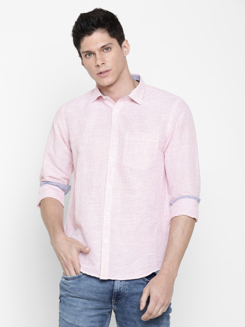 

CAVALLO by Linen Club Men Cotton Linen Pink Regular Fit Checked Casual Shirt